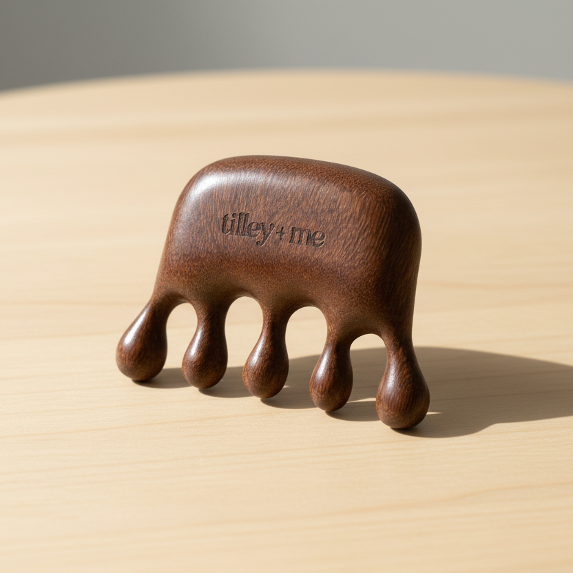 Brown wooden tool with 'tilley & me' engraving on a beige surface