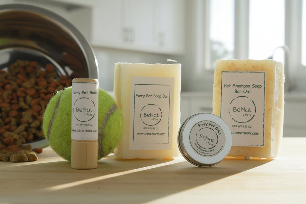 Pet care products including soap bars and a ball on a light surface with a blurred background.