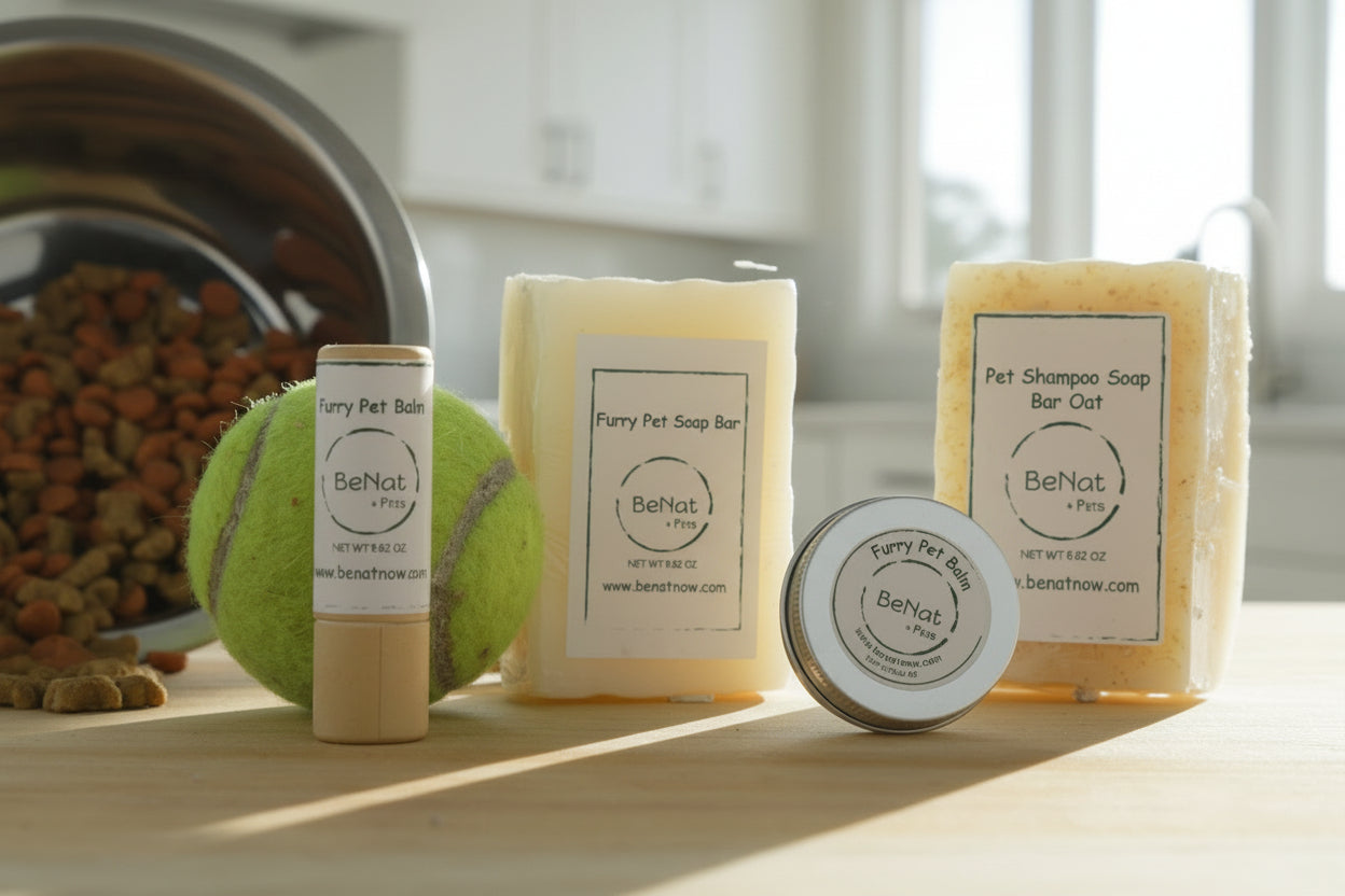 Pet care products including soap bars and a ball on a light surface with a blurred background.