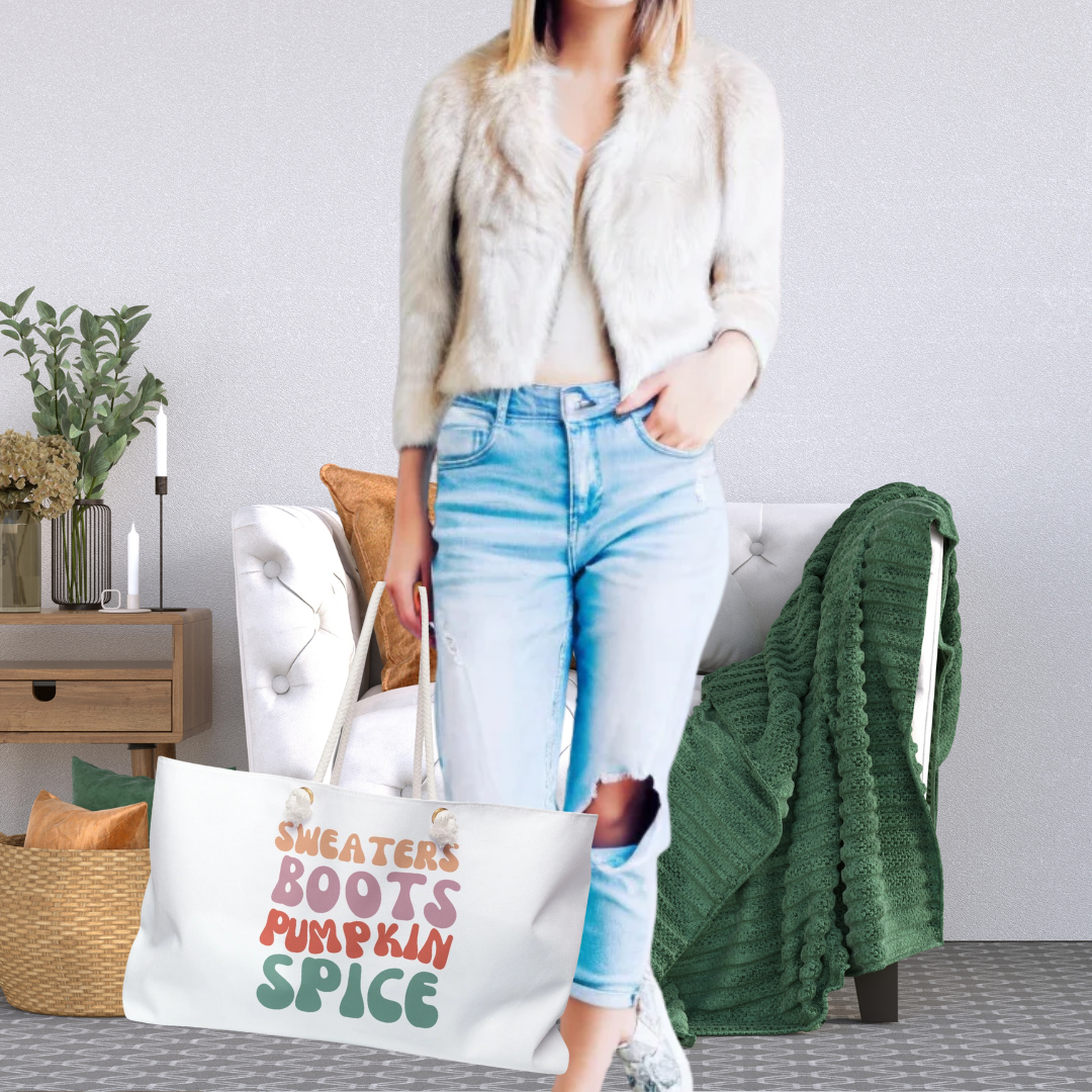 Person wearing a white fur vest and blue jeans, holding a tote bag with text, in a living room setting.