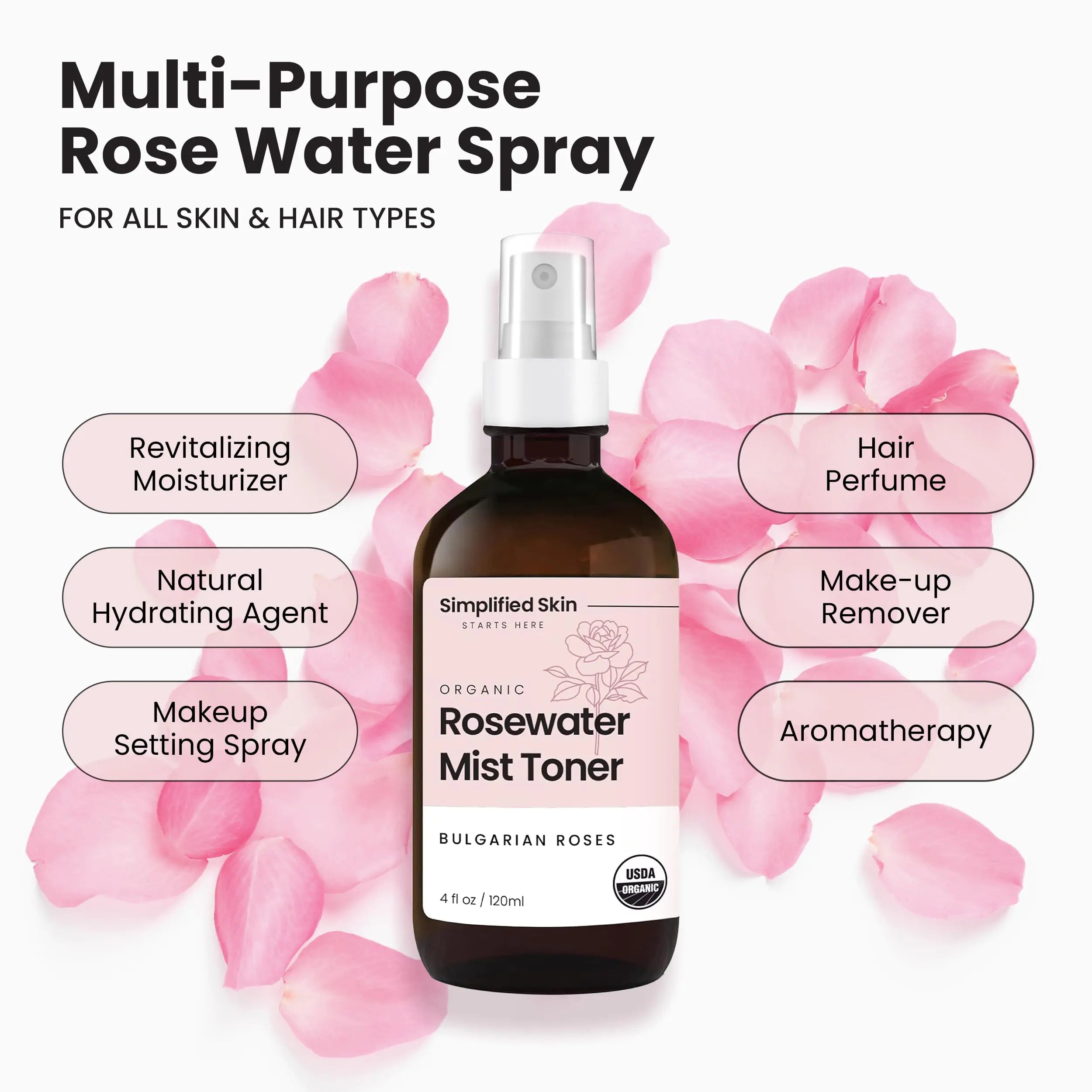 Organic Rose Water Spray - Multi-Purpose Hydrating Mist for Face, Body & Hair - 4 Oz