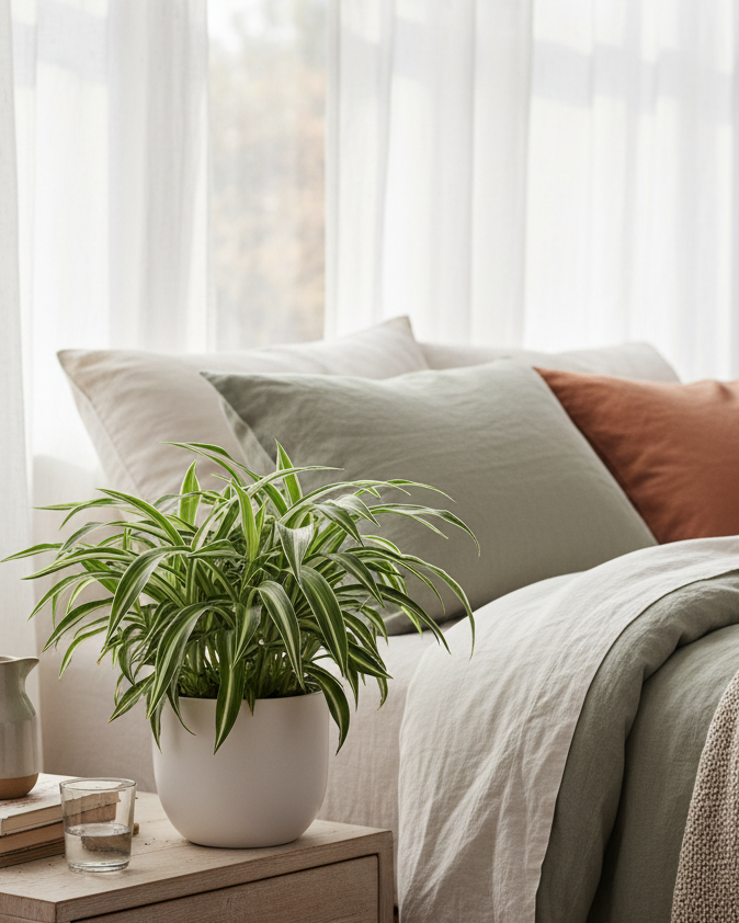 Cozy bedroom with a bed, plant, and side table.