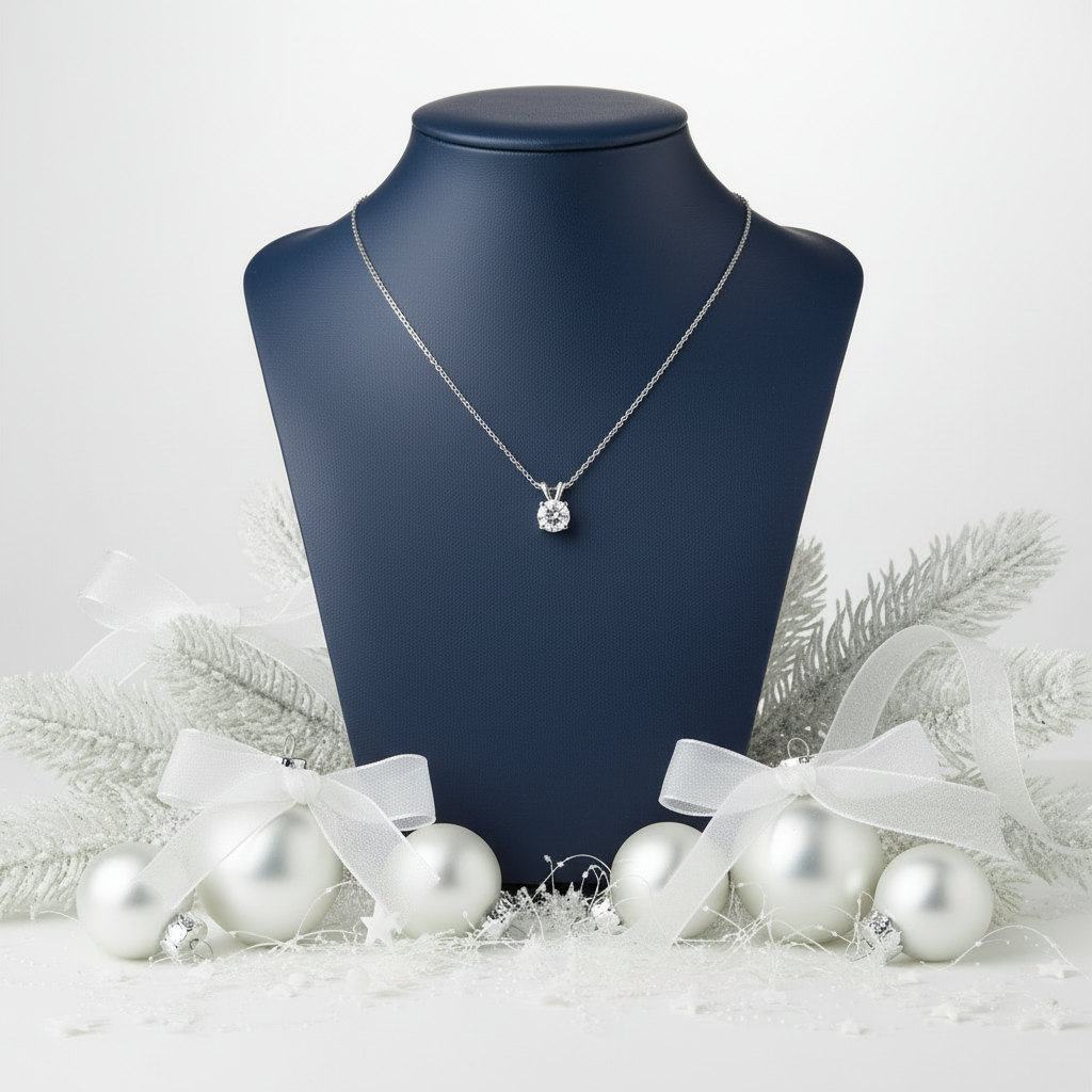 Silver necklace with a diamond pendant on a neutral background
