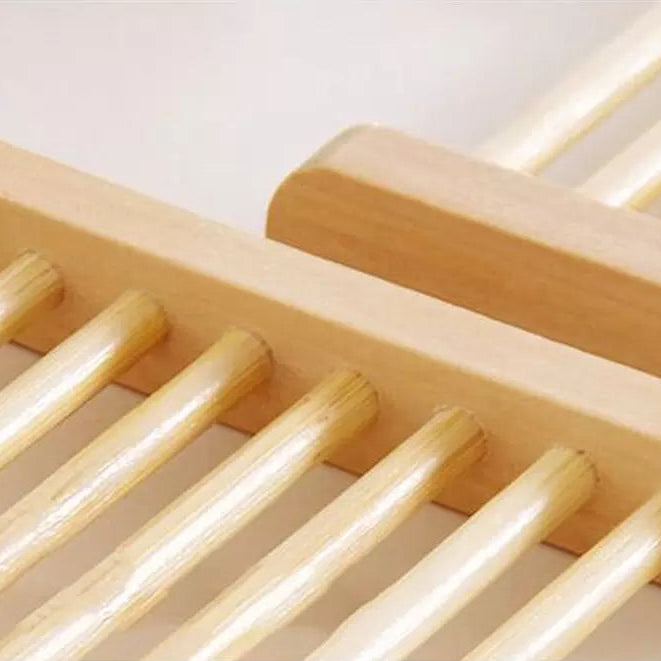 Close-up of a wooden shower rack with a focus on the joints and construction.