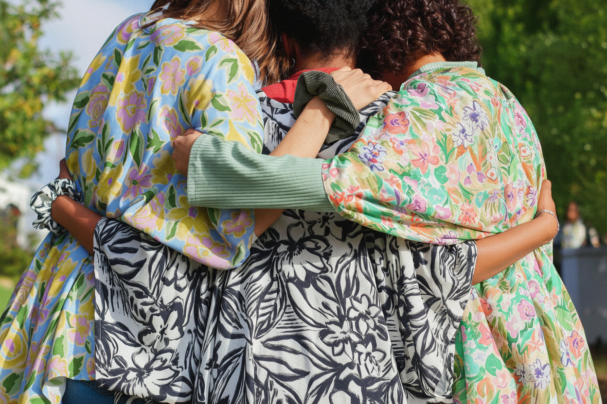 Two women hugging, one wearing a floral dress and the other in a patterned dress.