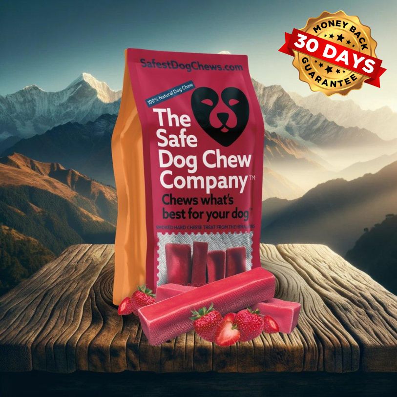 Bag of The Safe Dog Chew Company with strawberry-flavored chews on a wooden surface with mountain background