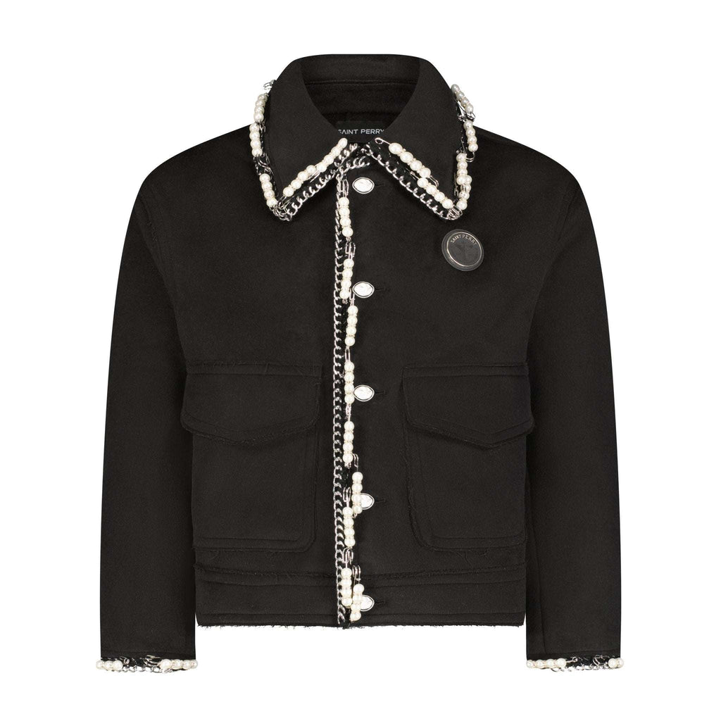 Stud & Pearls Embellished 100% Wool Luxury Jacket – Black