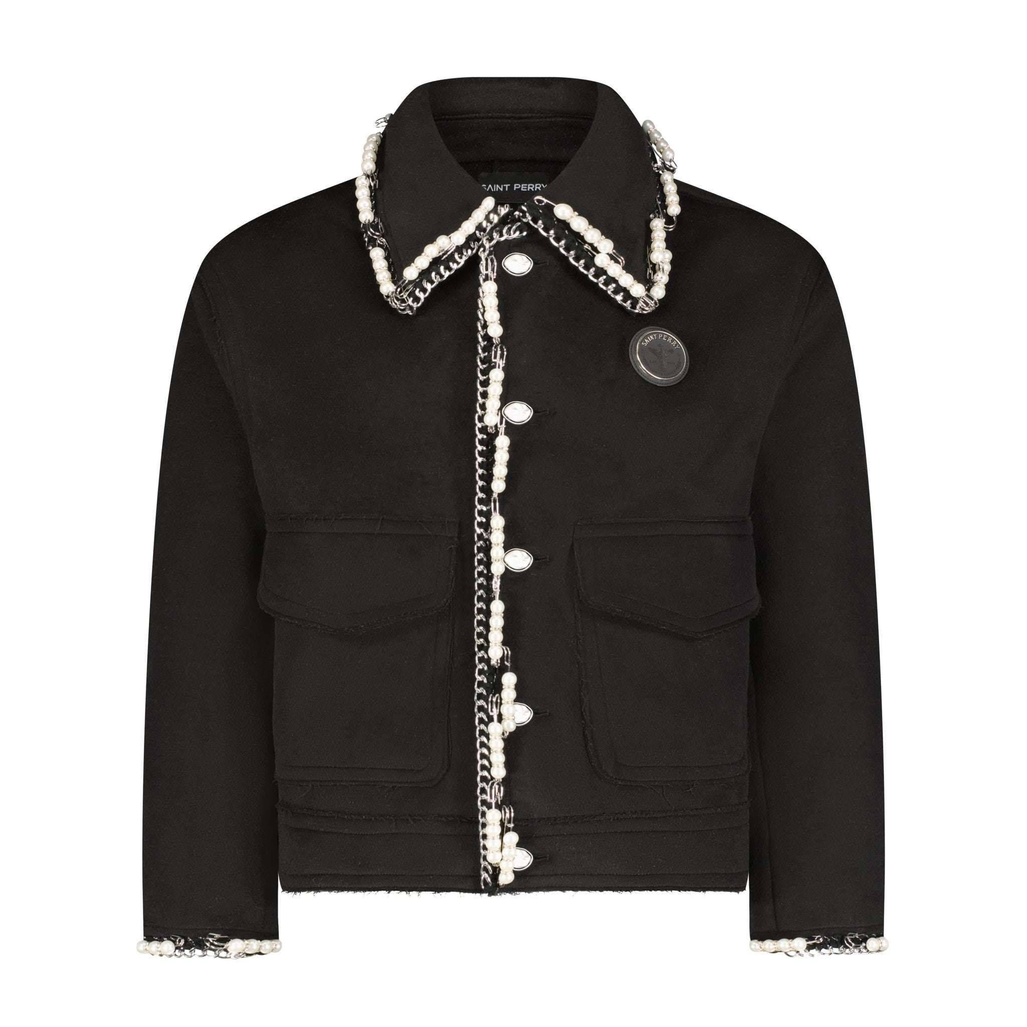 Stud & Pearls Embellished 100% Wool Luxury Jacket – Black