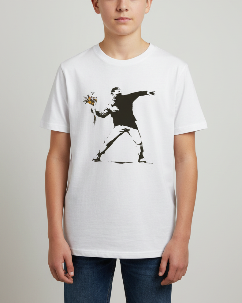 wearingconscious.org Banksy Flower Thrower Artwork T-Shirt Kids Size XL