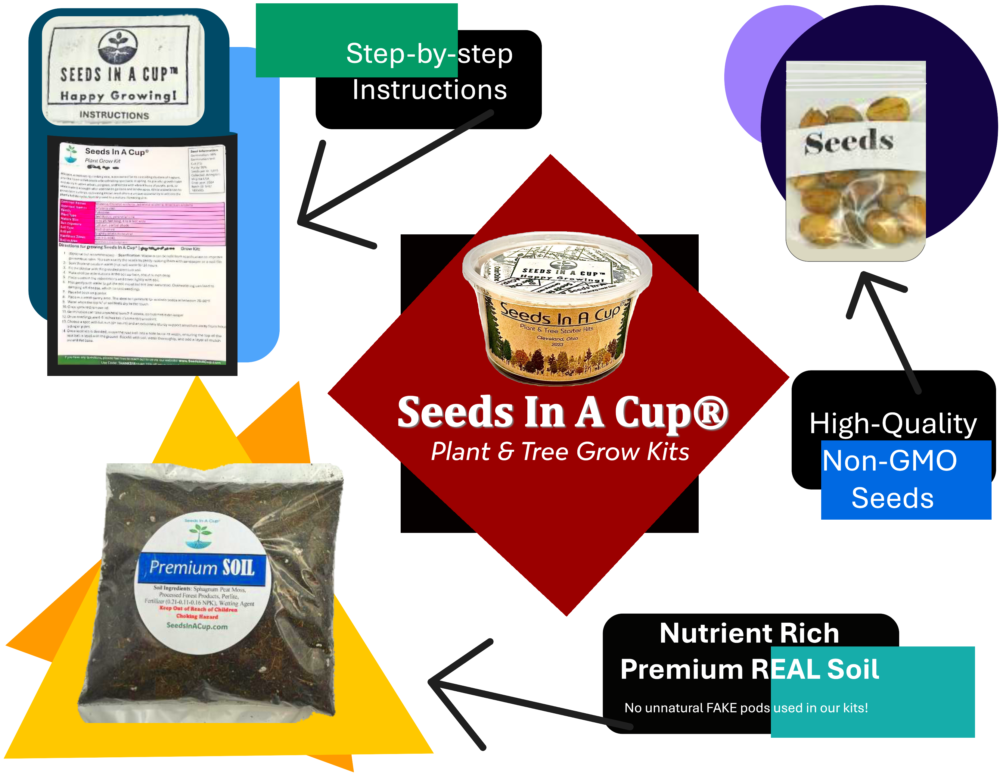Promotional graphic for Seeds In A Cup plant and tree grow kits with various components and text.