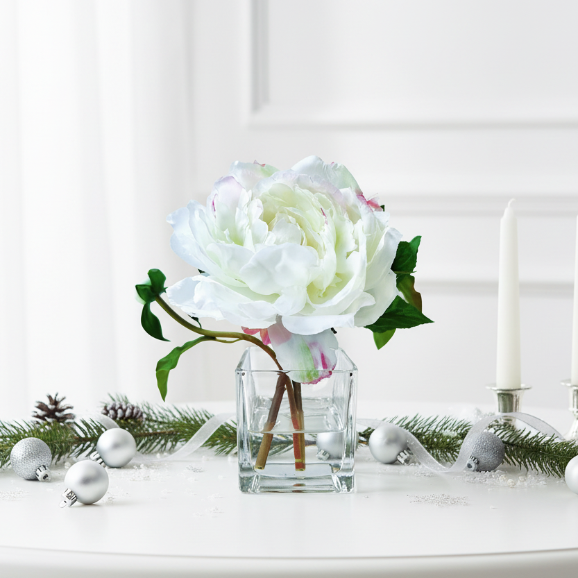 Real Touch Peony Arrangement in Glass Vase - 8"-0
