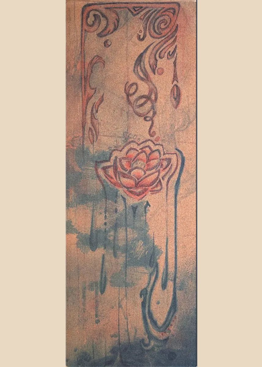 A vertical rectangular art print or poster featuring an abstract floral design with a pink lotus-like flower and swirling dark linework on a textured tan and blue-gray background.