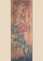 A vertical rectangular art print or poster featuring an abstract floral design with a pink lotus-like flower and swirling dark linework on a textured tan and blue-gray background.